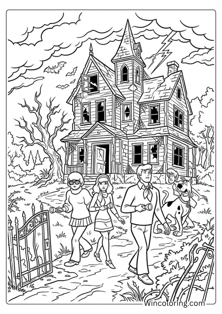 Scooby Doo gang haunted house coloring page printable