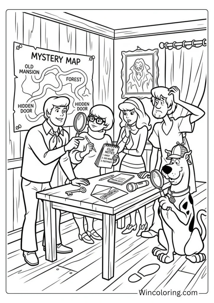 Scooby Doo gang solving mystery clues coloring page printable