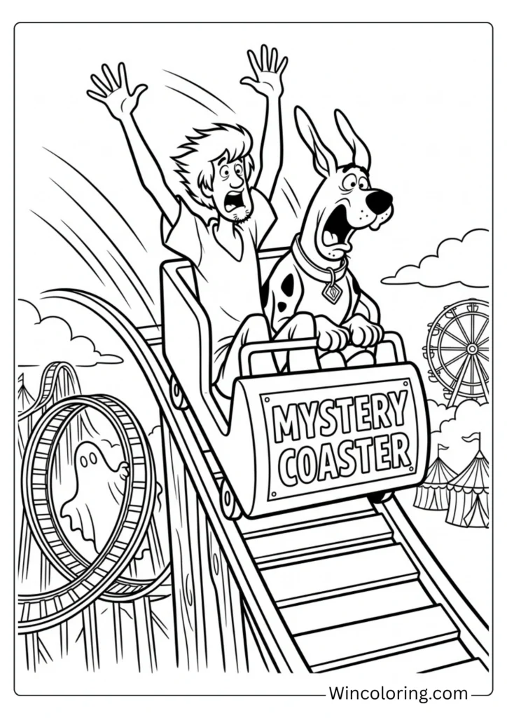 Scooby Shaggy roller coaster scared coloring page printable