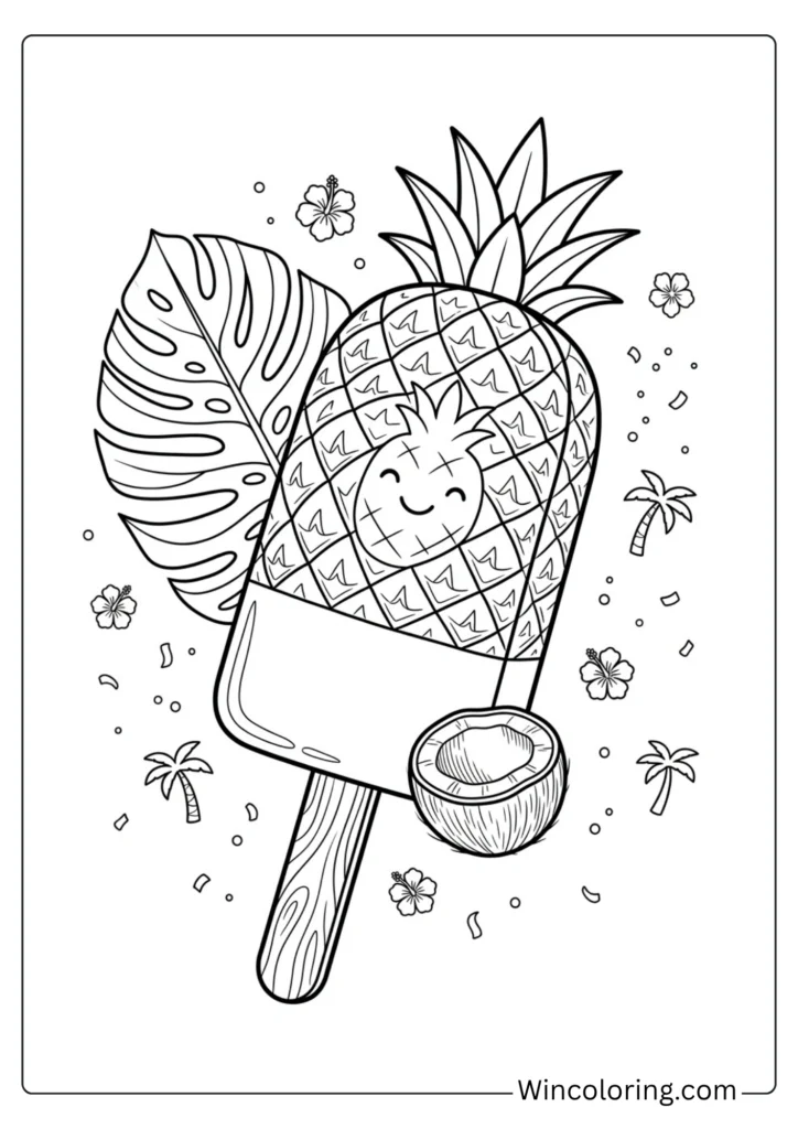 Tropical popsicle pineapple coconut coloring page printable