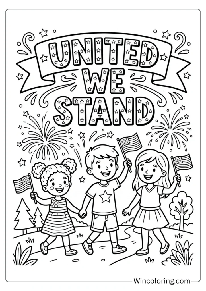 United We Stand 4th of July Coloring Page – Patriotic Quote Printable for Children