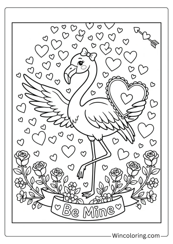 Valentine flamingo coloring page hearts printable kids