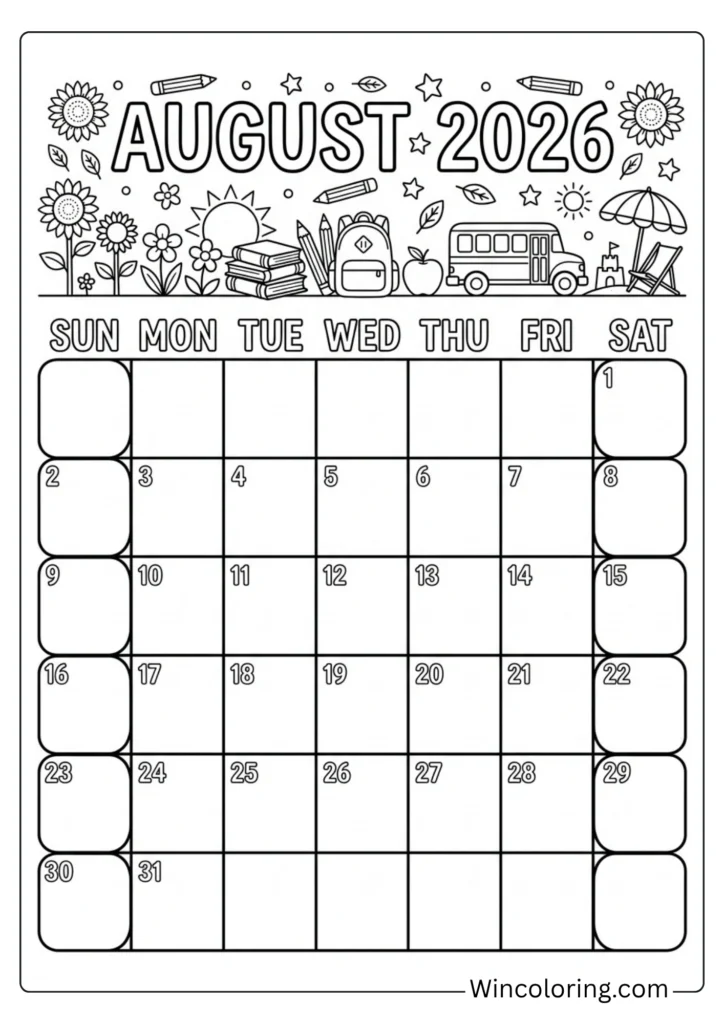 August 2026 calendar coloring page printable monthly