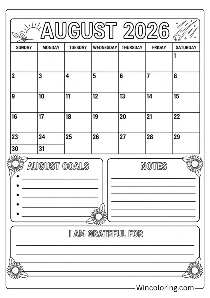 August goals notes coloring page printable monthly planner