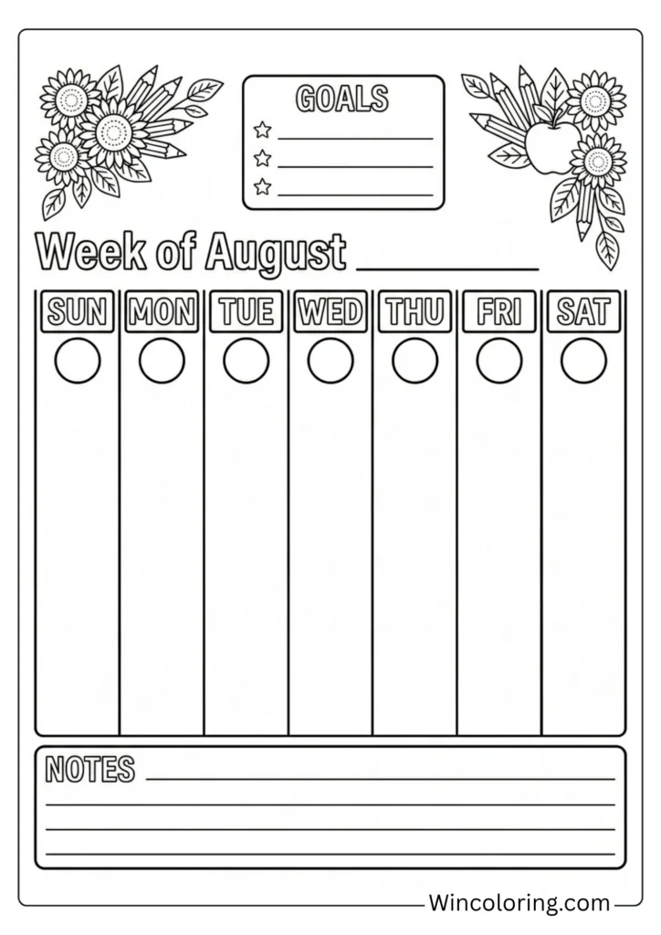 August weekly planner coloring page printable 2026