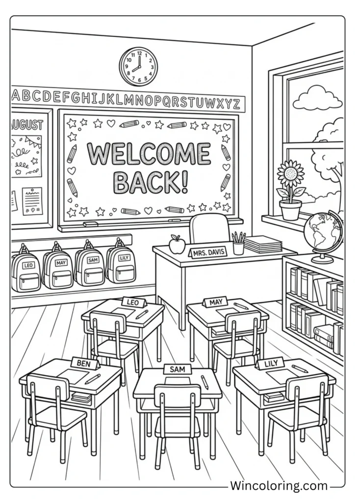 Classroom first day August back to school coloring page printable