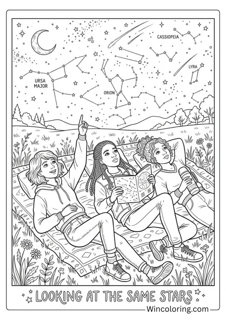 Friends stargazing coloring page teens detailed printable