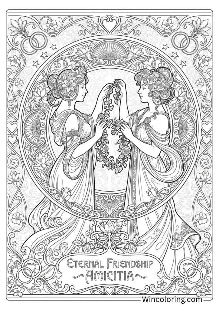 Friendship Day Art Nouveau coloring page adult printable two figures