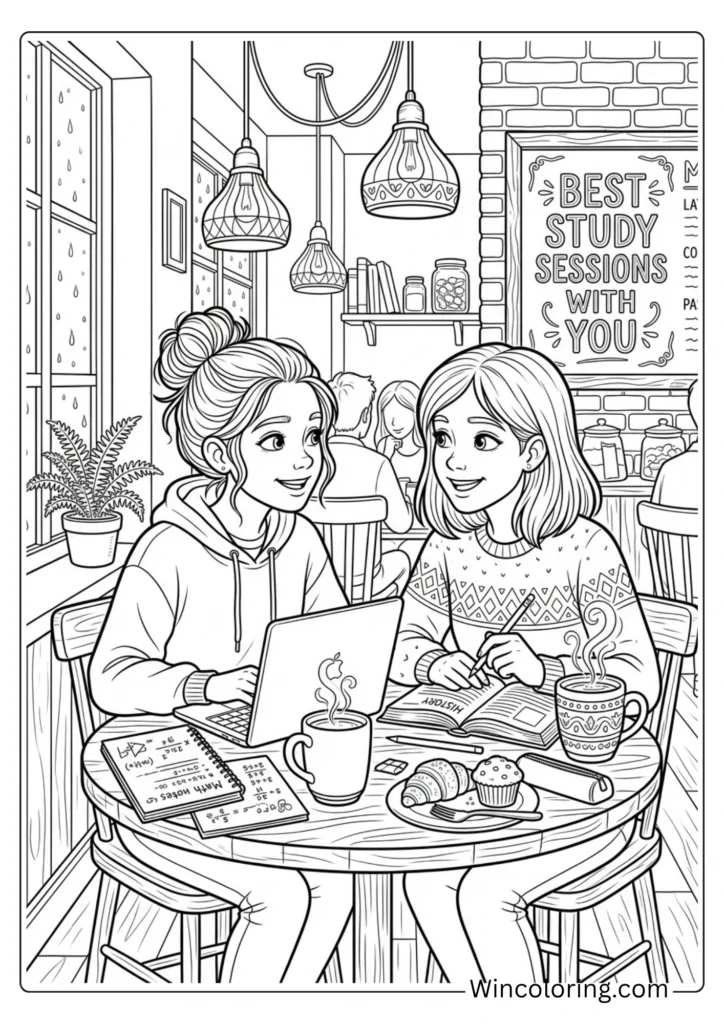 Friendship Day coffee shop study coloring page teens printable