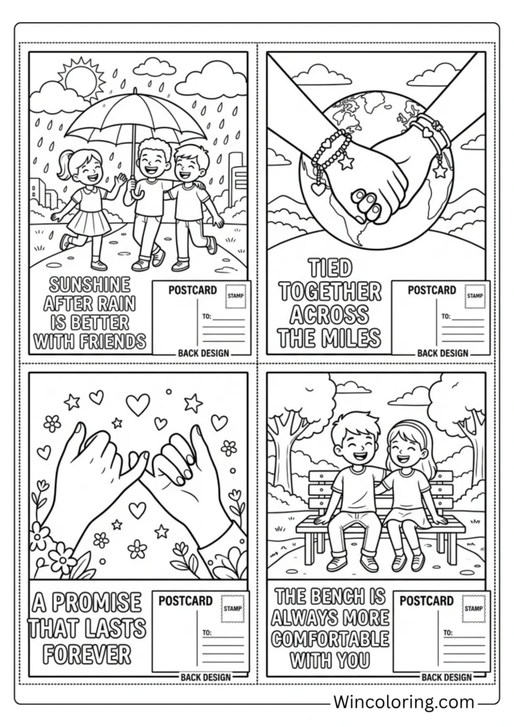 Friendship Day coloring postcard set printable kids template