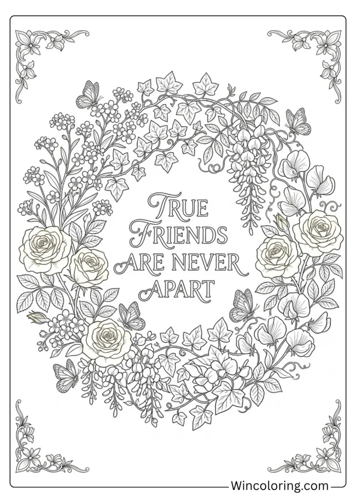 Friendship Day floral wreath adult coloring page intricate printable