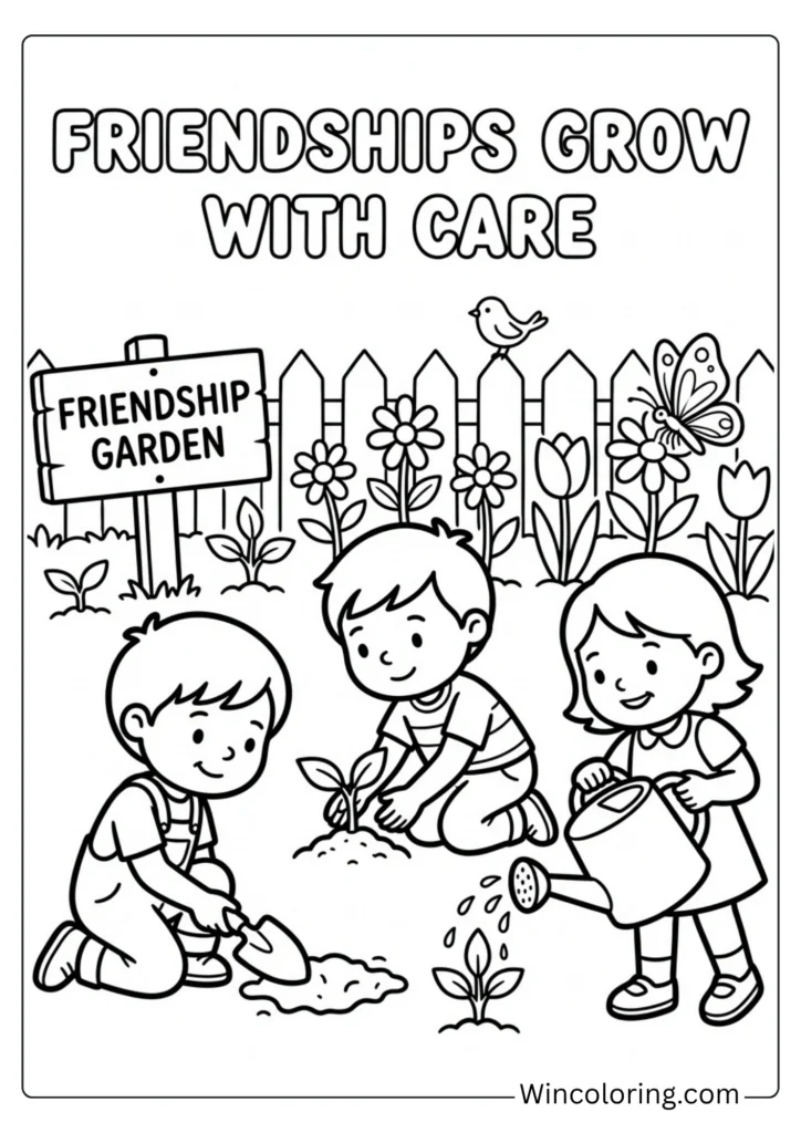 Friendship Day garden planting coloring page kids printable