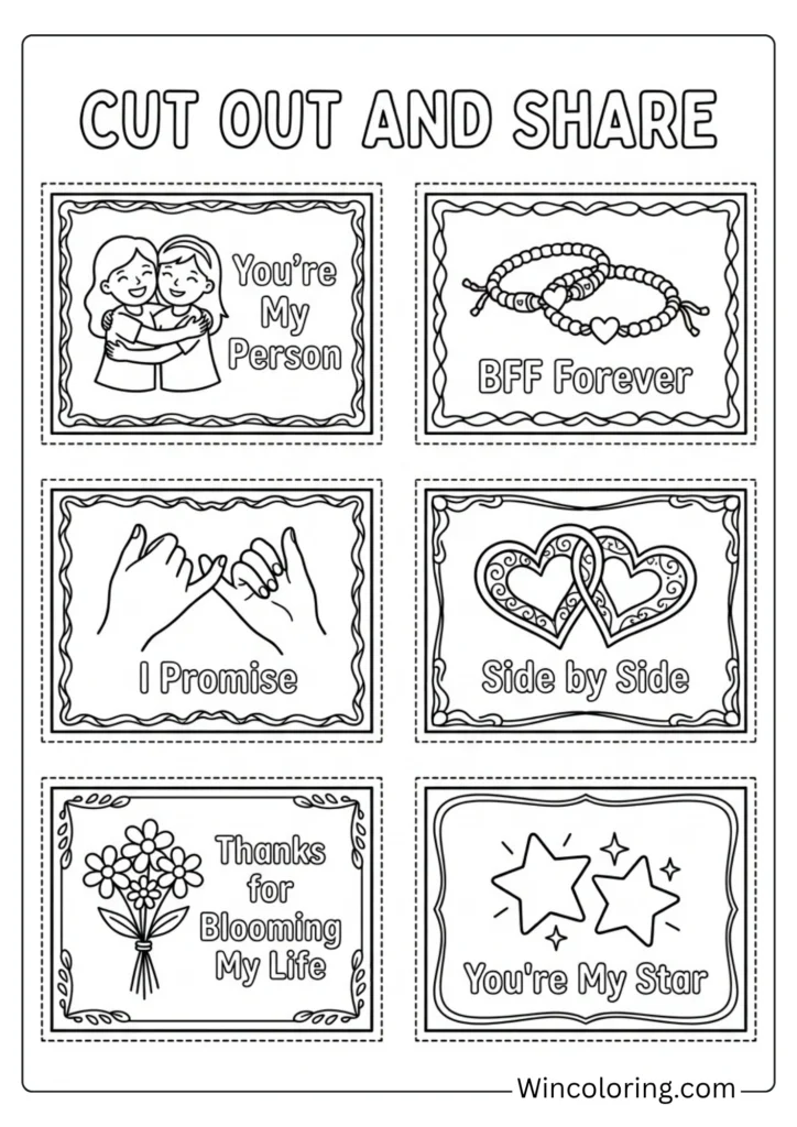 Friendship Day mini card set coloring page printable kids