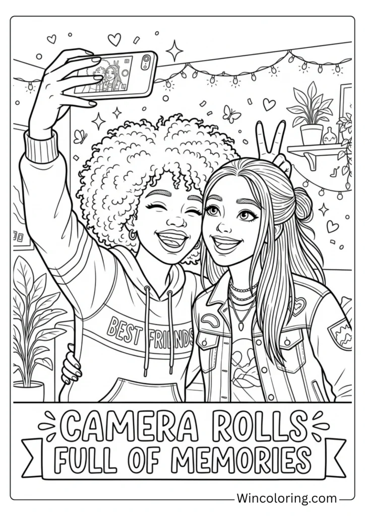 Friendship Day portrait two friends detailed coloring page teens