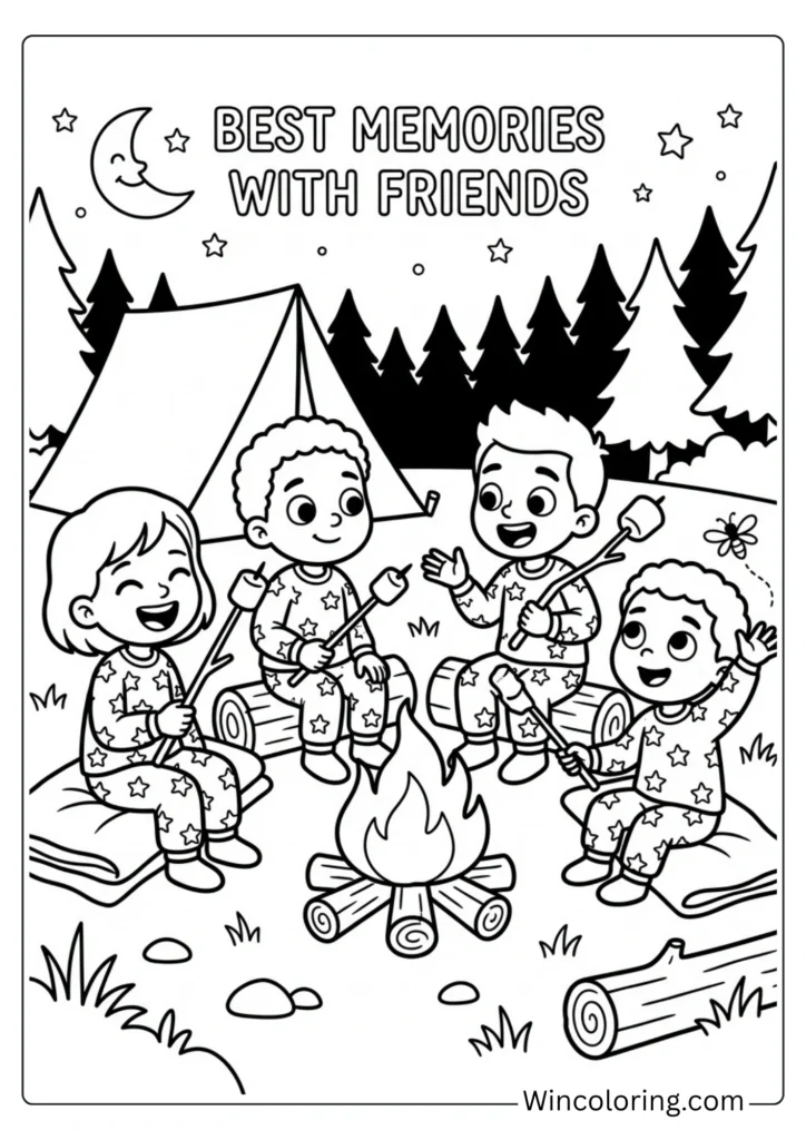 Friendship campfire night kids coloring page printable