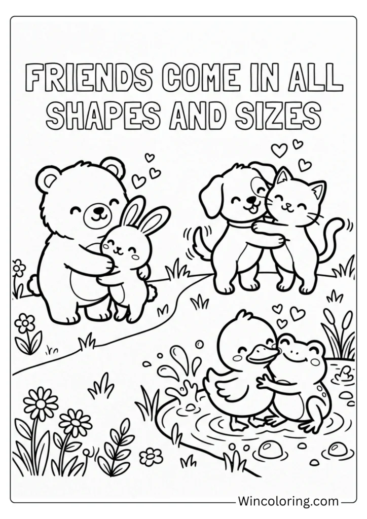 Friendship day animals coloring page cute kids printable