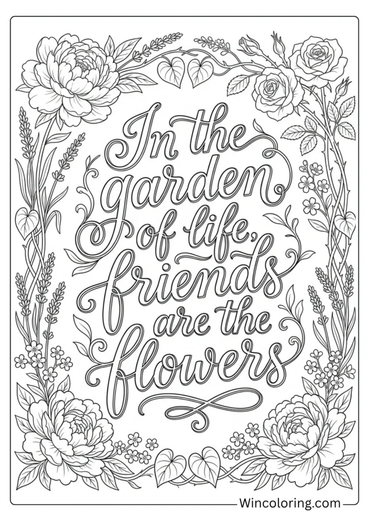 Friendship quote adult coloring page intricate lettering printable