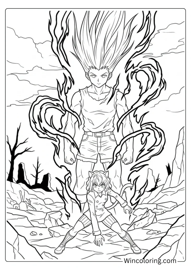 Gon vs Neferpitou emotional climax coloring page HxH printable