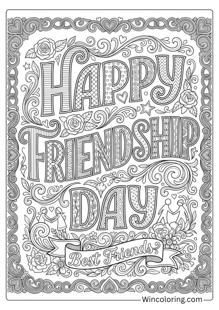 Happy Friendship Day coloring page decorative lettering printable adult