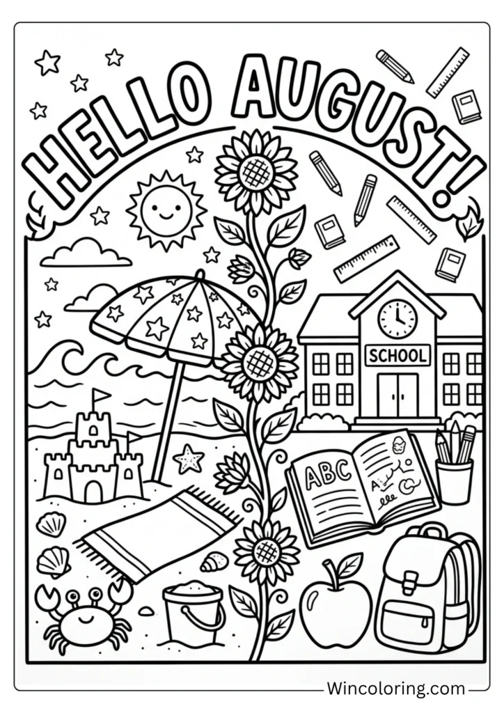 Hello August coloring page back to school beach printable kids