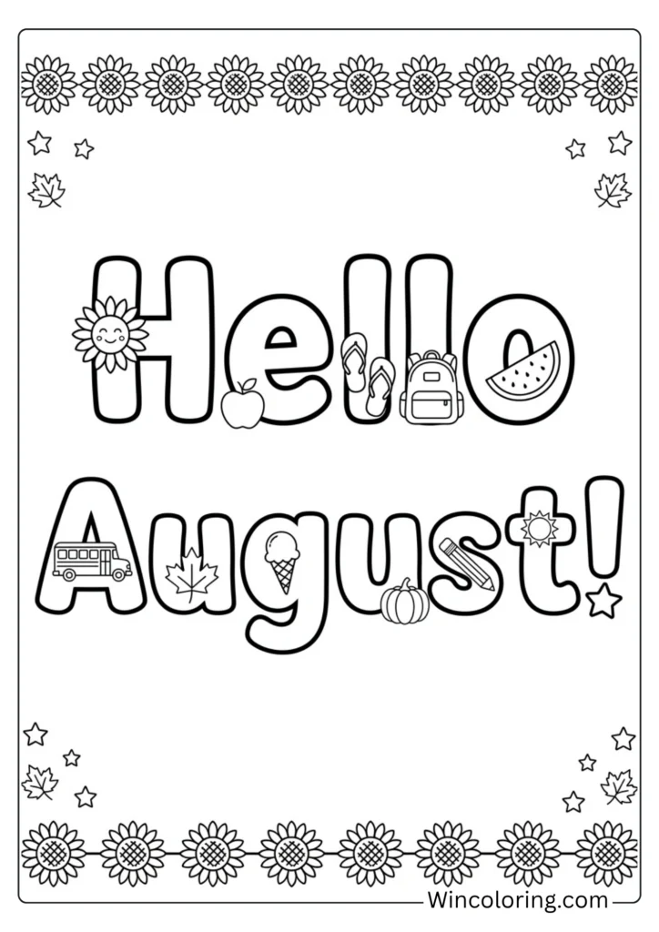 Hello August coloring page printable kids cover design
