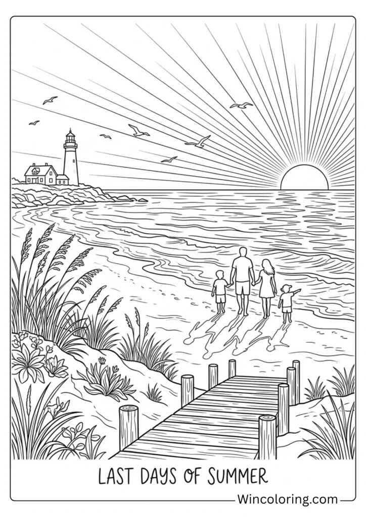 Late summer beach coloring page August sunset printable kids