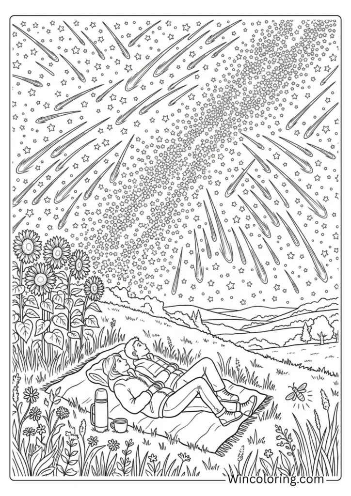 Perseid meteor shower August night coloring page printable