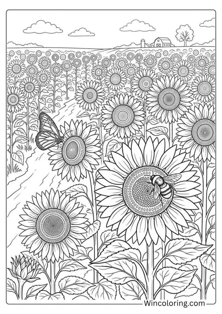Sunflower field August coloring page detailed printable