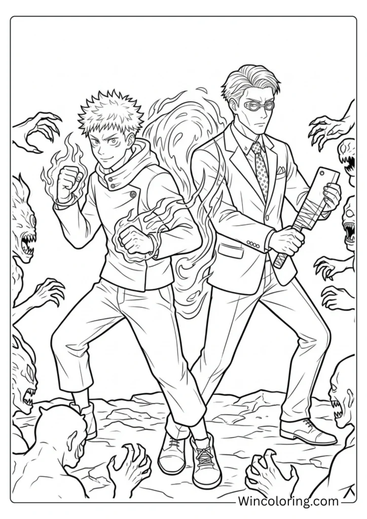Yuji Itadori Nanami Kento duo coloring page JJK printable