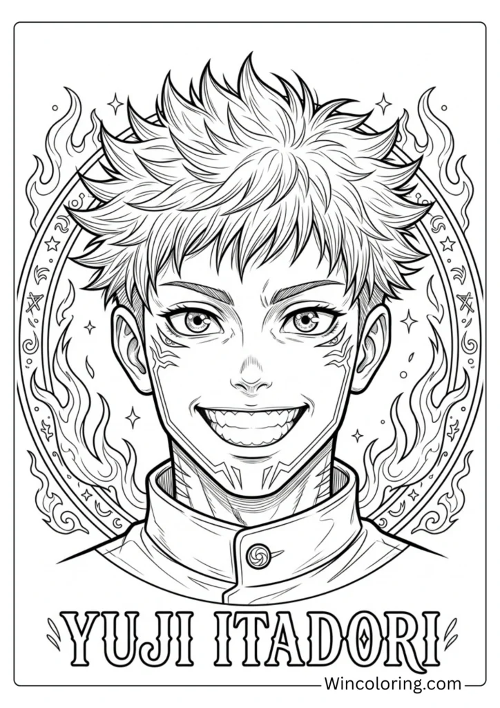 Yuji Itadori portrait close-up coloring page JJK printable